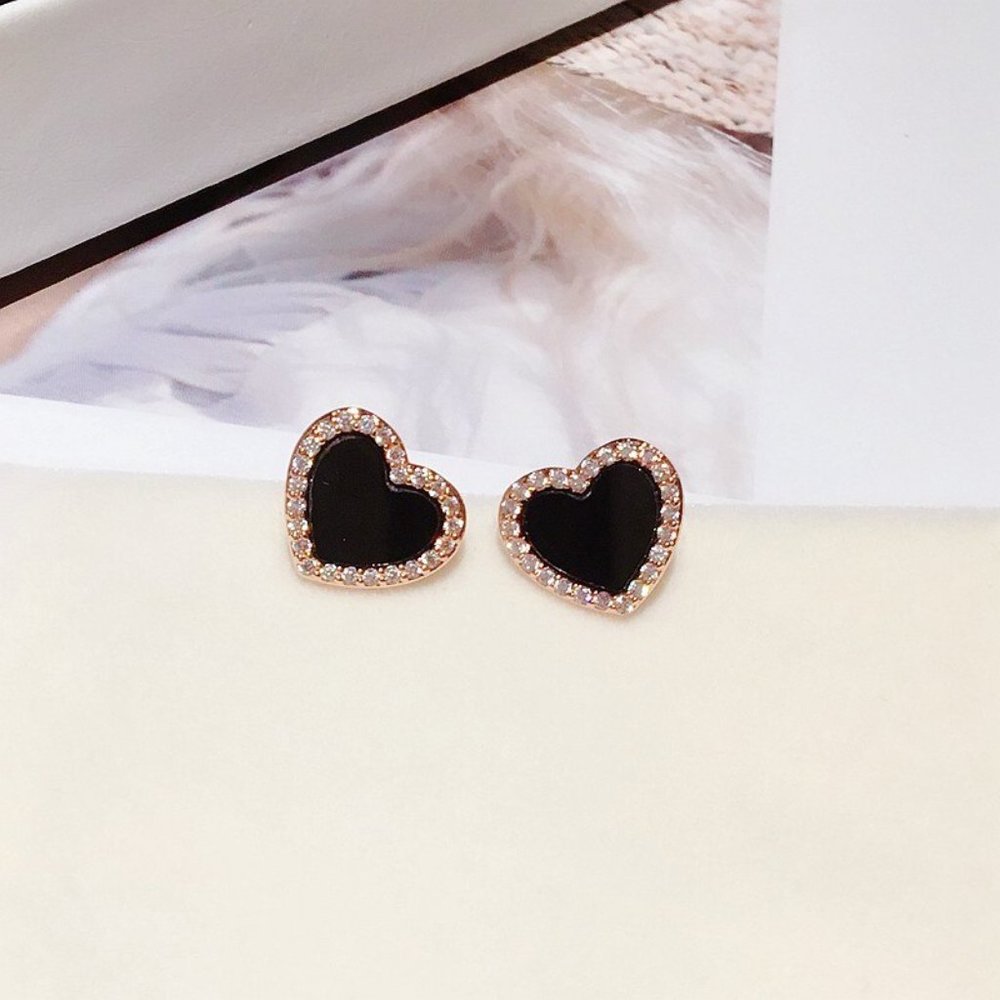 NEW Heart Diamond Black Rose Gold Earrings - Picture 2 of 3